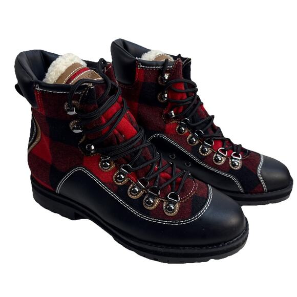 Tommy Hilfiger Women's Tonny Red Fabric Ankle Hiking Boots Sz 8 M Faux Fur NWB - Picture 2 of 15